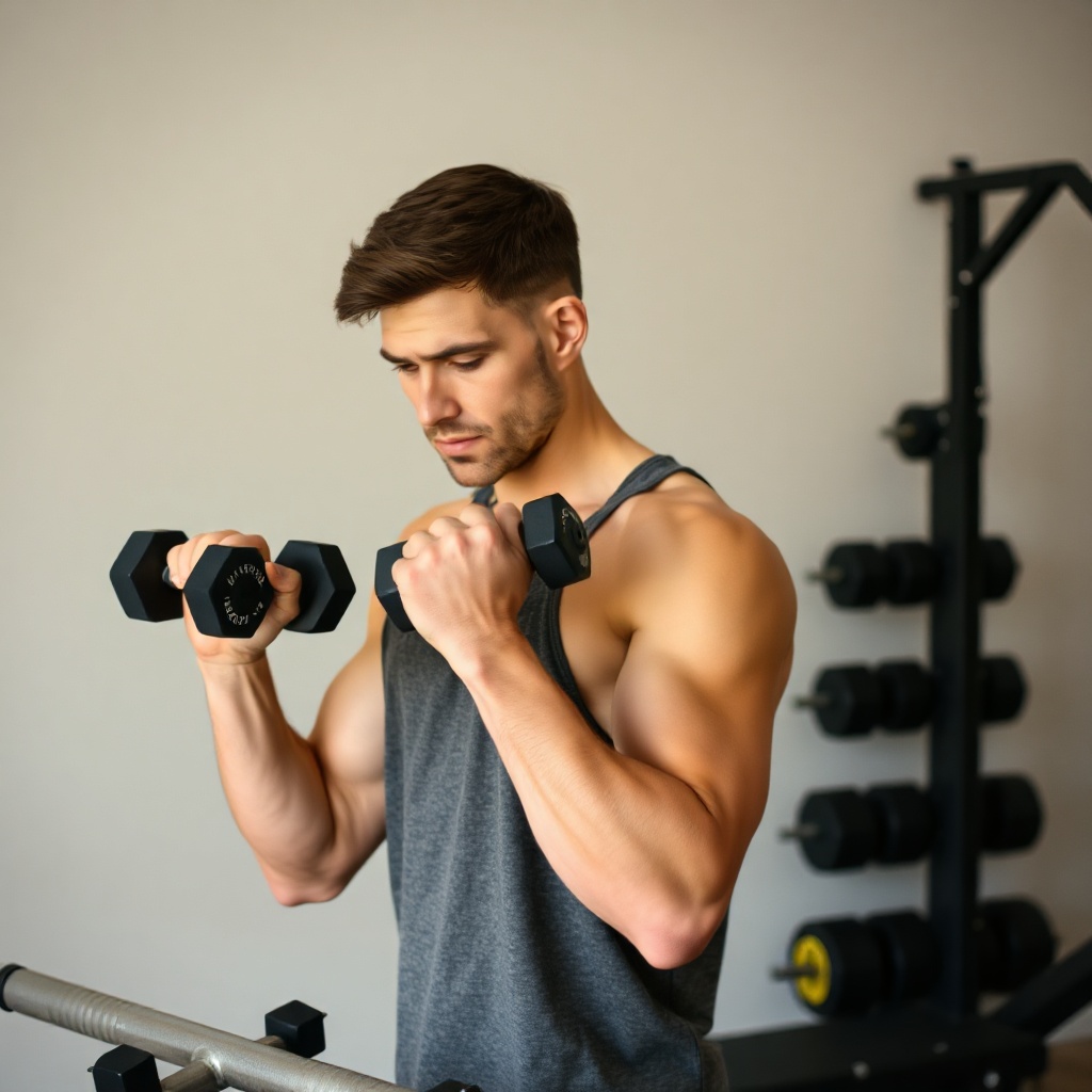 Man doing dumbbell strength exercises at home