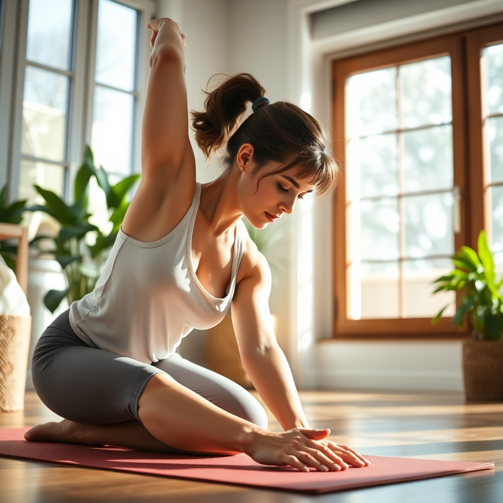 Woman stretching on a yoga mat indoors