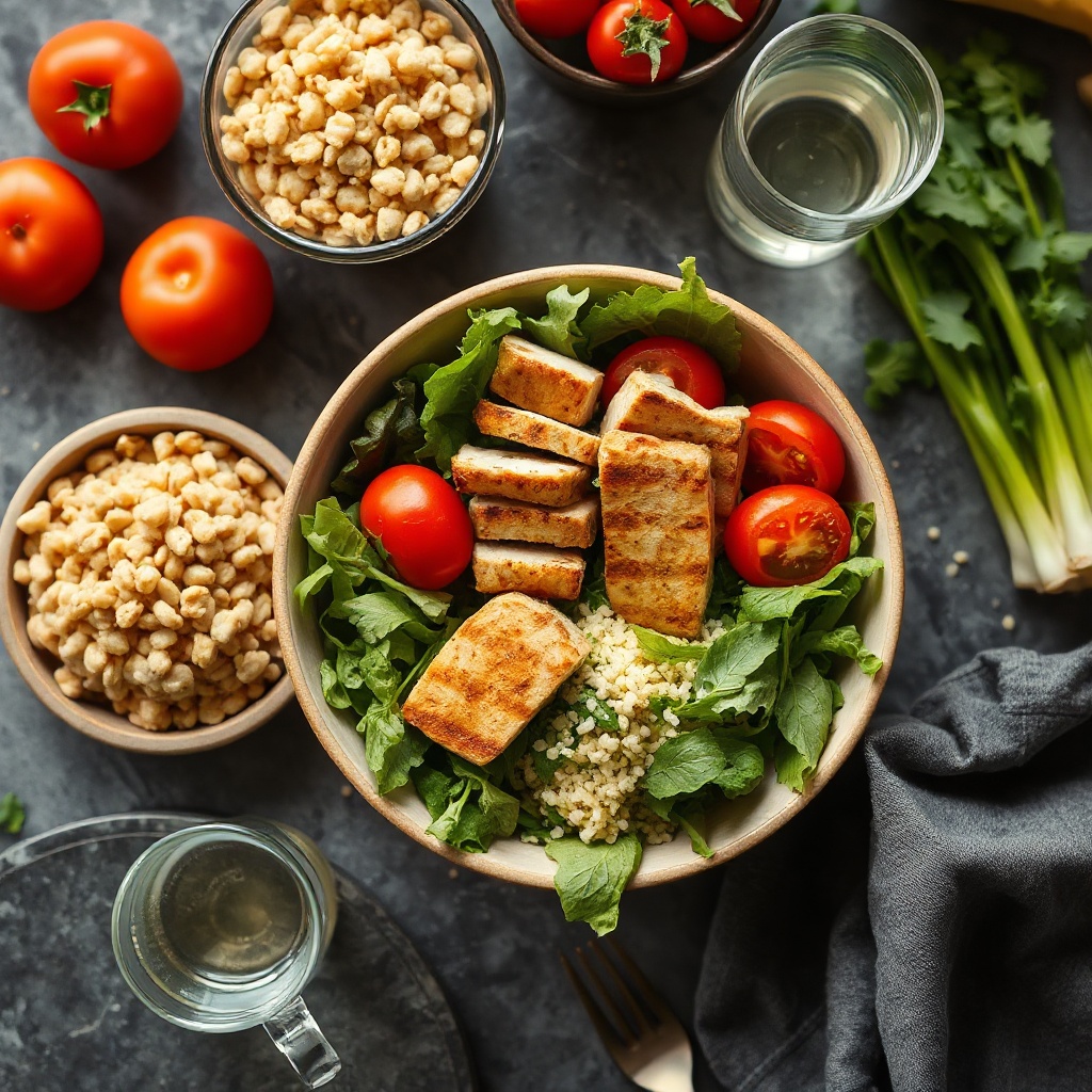 Prepared healthy meal with salad, protein, and water