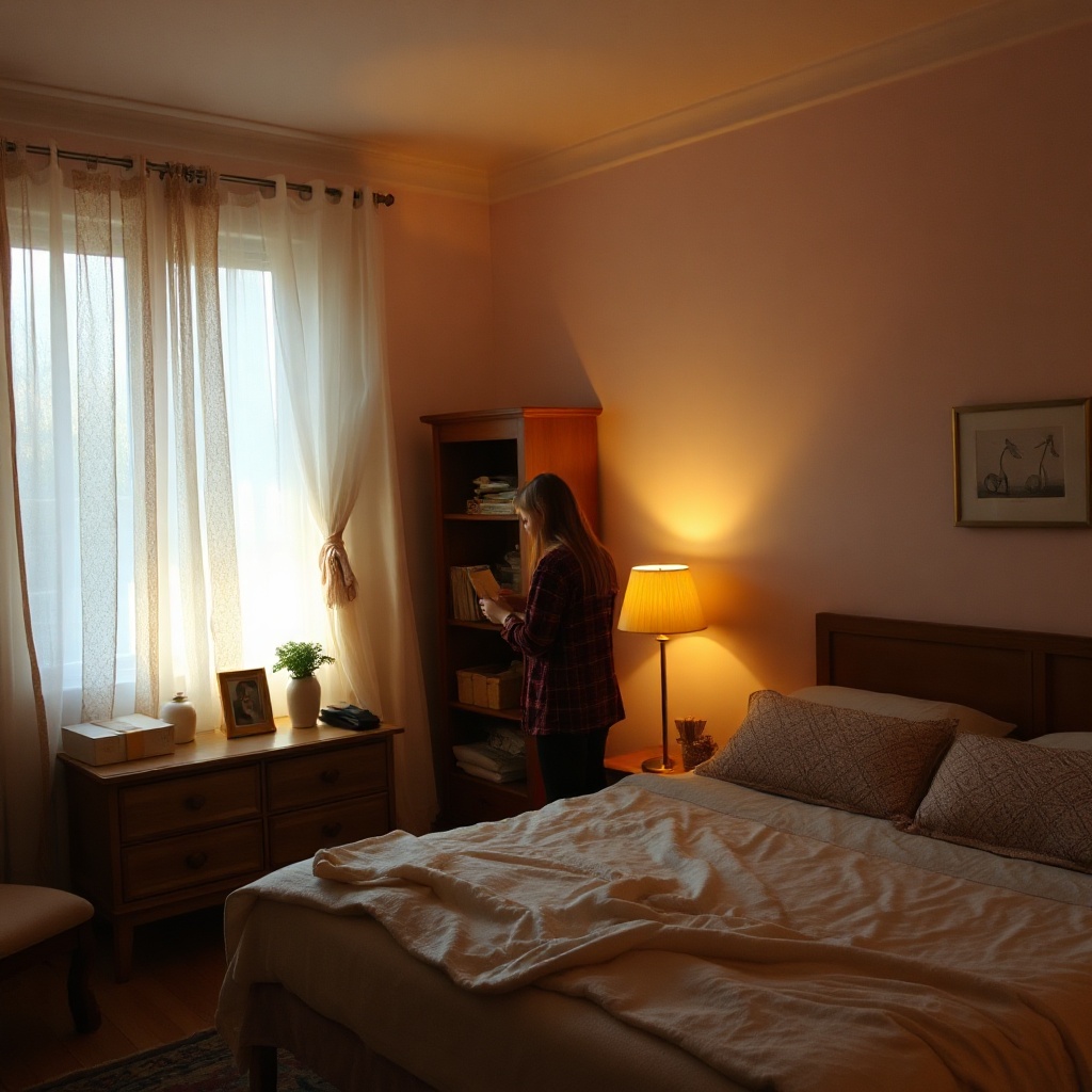 Bedroom with dim lights and person preparing for sleep