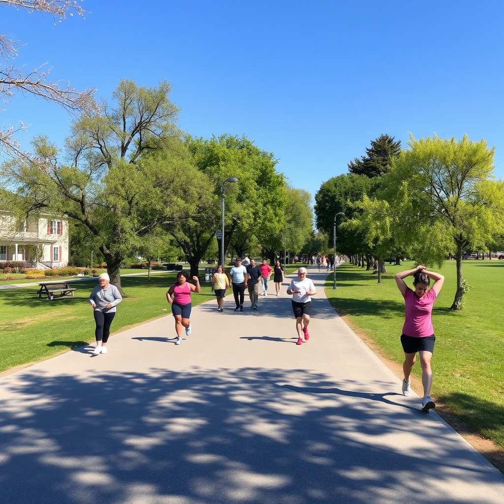 Community park with people walking, jogging, and stretching